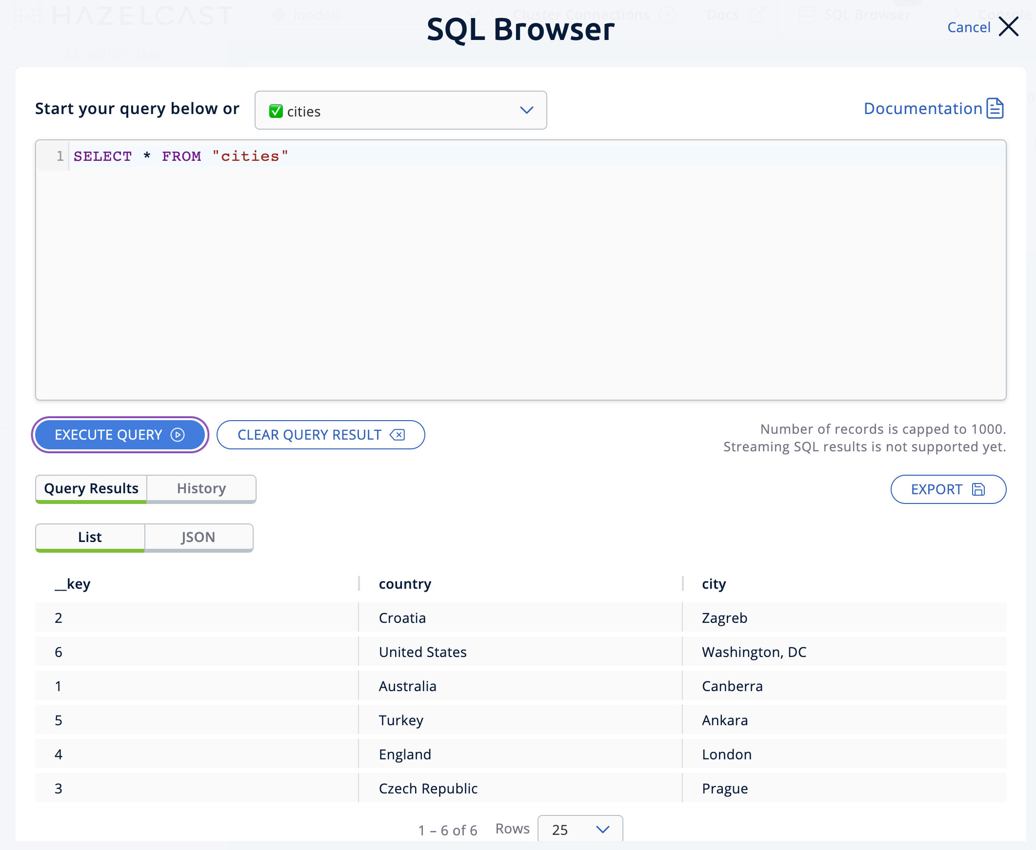 Management Center’s SQL Browser shows the map data