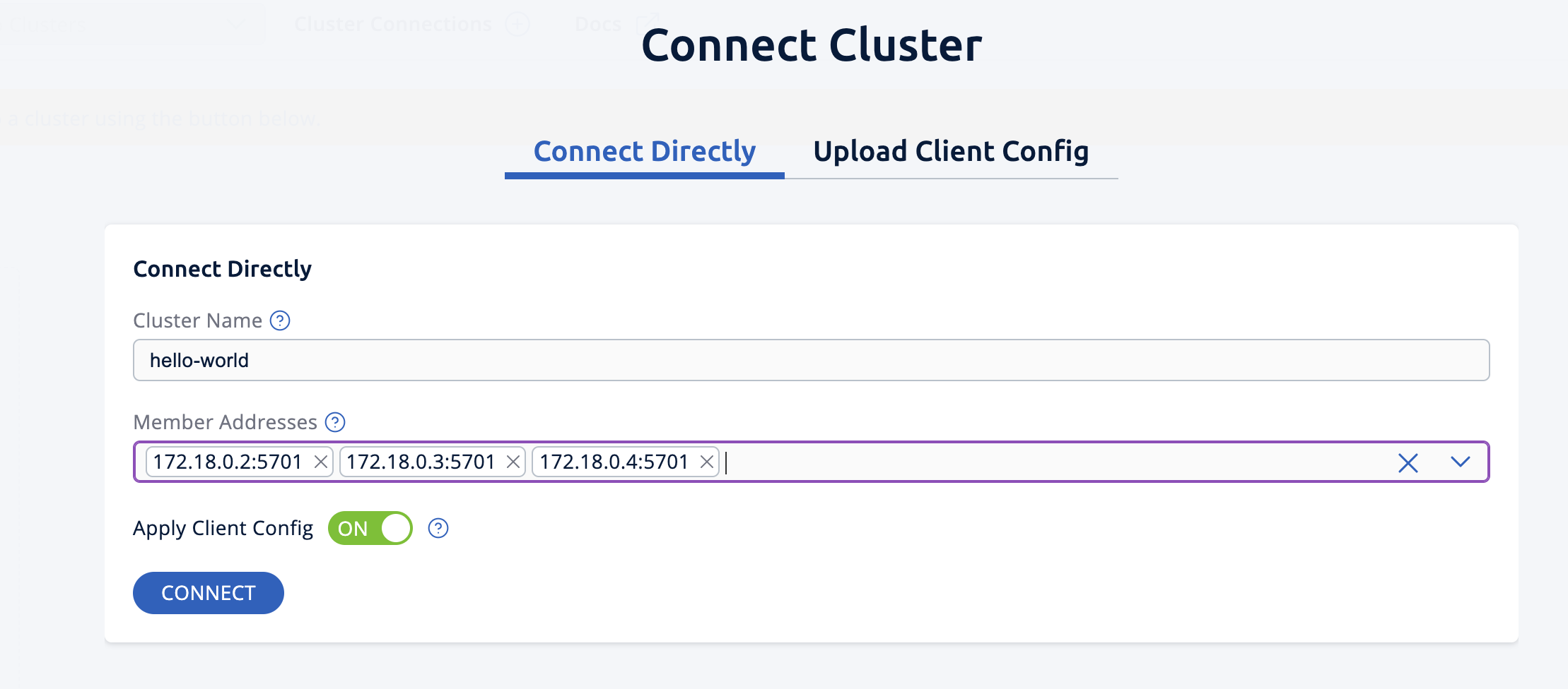 Connecting Management Center to the cluster