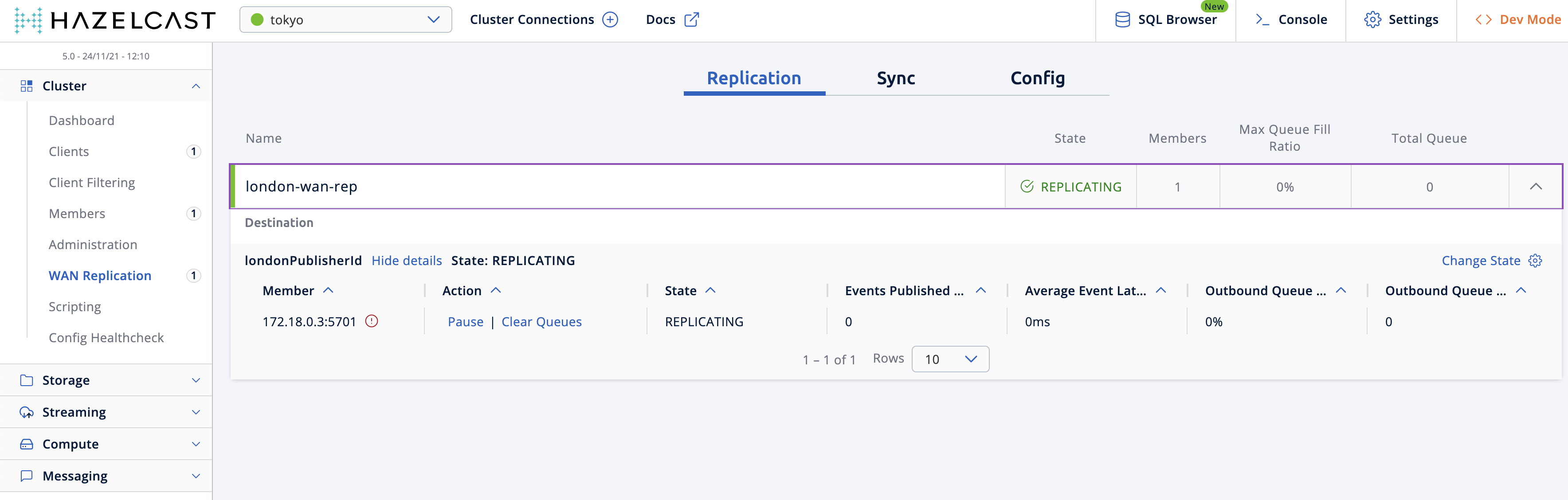 Verify that Tokyo cluster has WAN Replication feature enabled