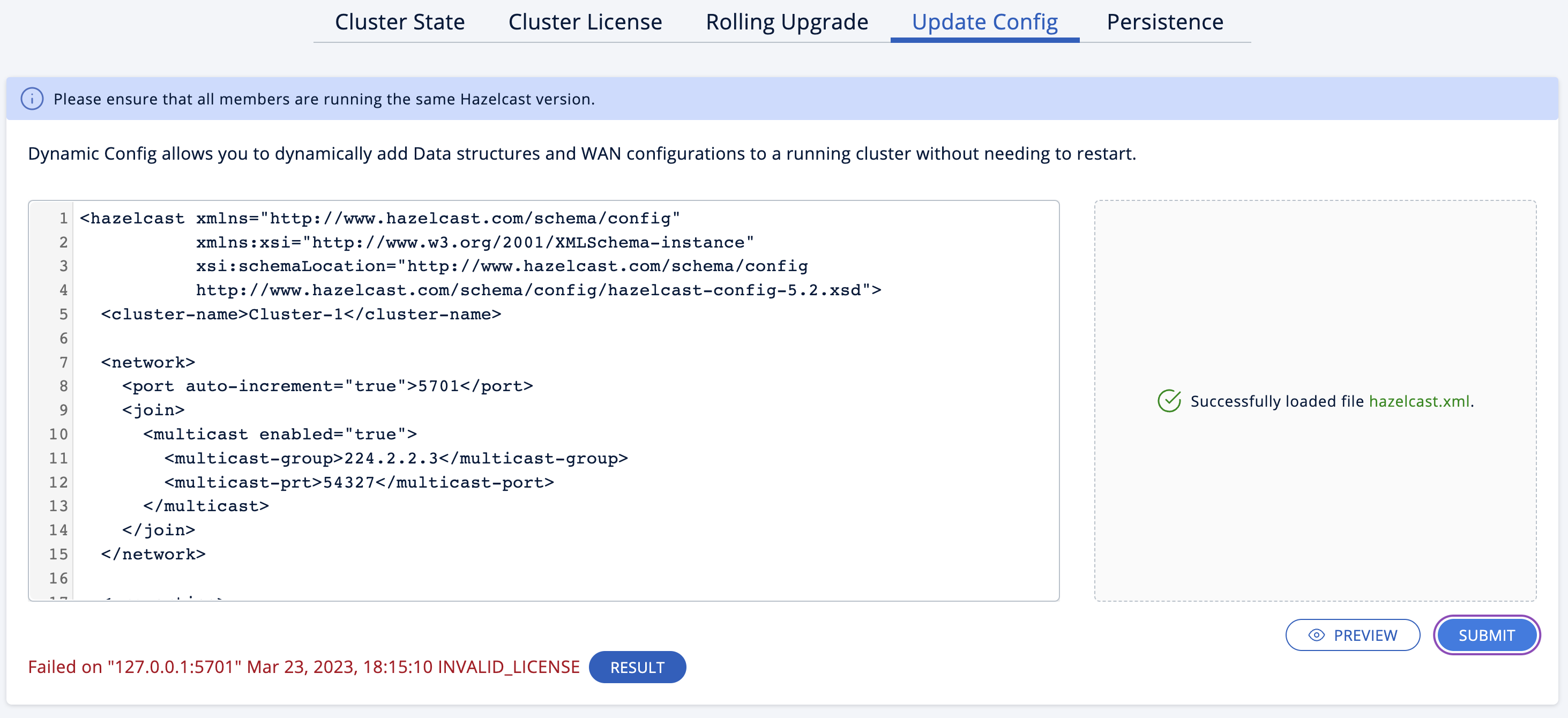 Update Config Failed Result