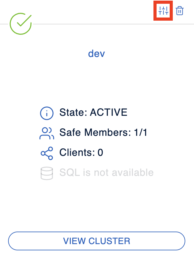 Configure icon above the name of a cluster called dev