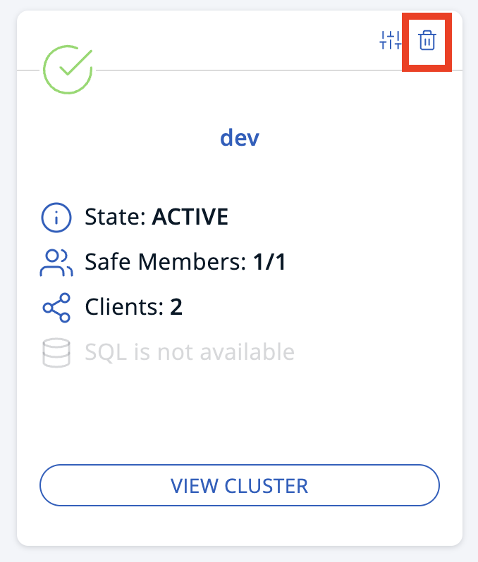 Trash icon above the name of a cluster called dev