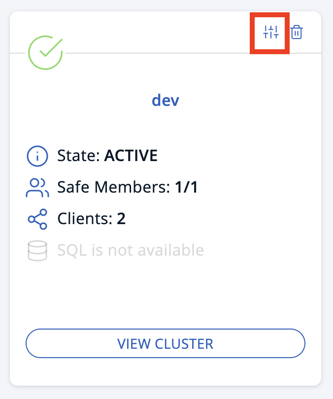 Configure icon above the name of a cluster called dev