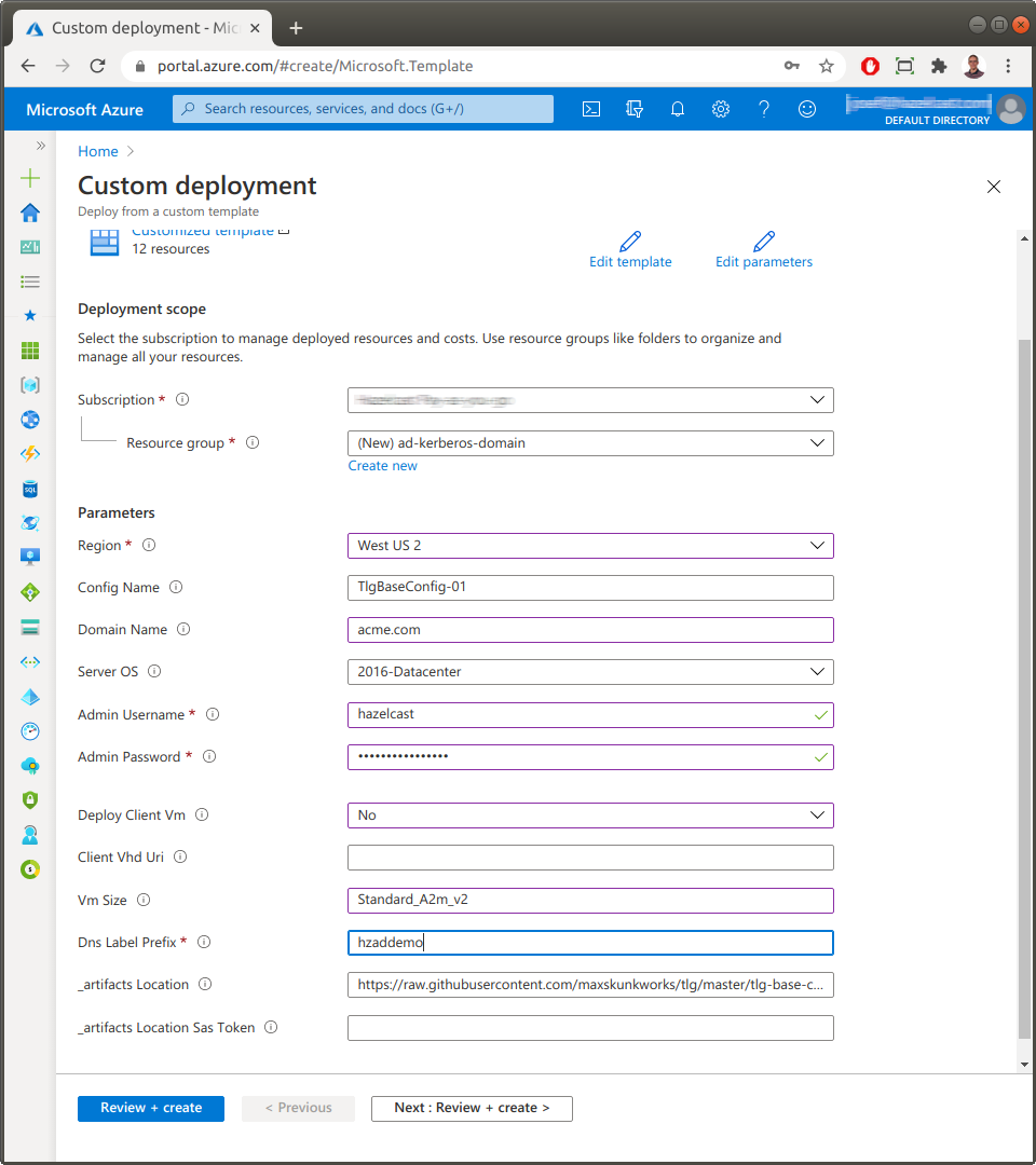 Azure AD deployment parameters.