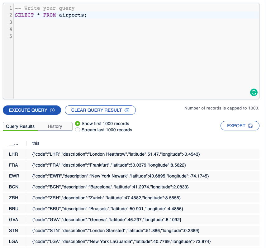 Airport data is displayed in the results of the SQL query