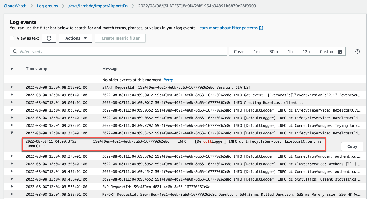 The logs show that the client connected to the cluster