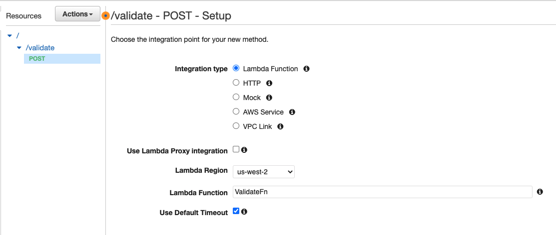 The resource is configured to trigger the ValidateFn function